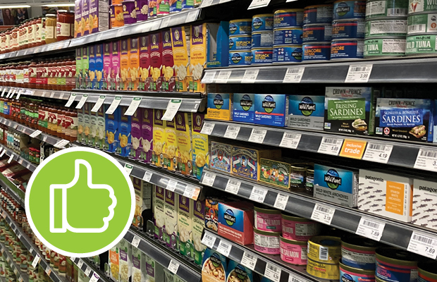 Shelves of consumer goods in a grocery store.